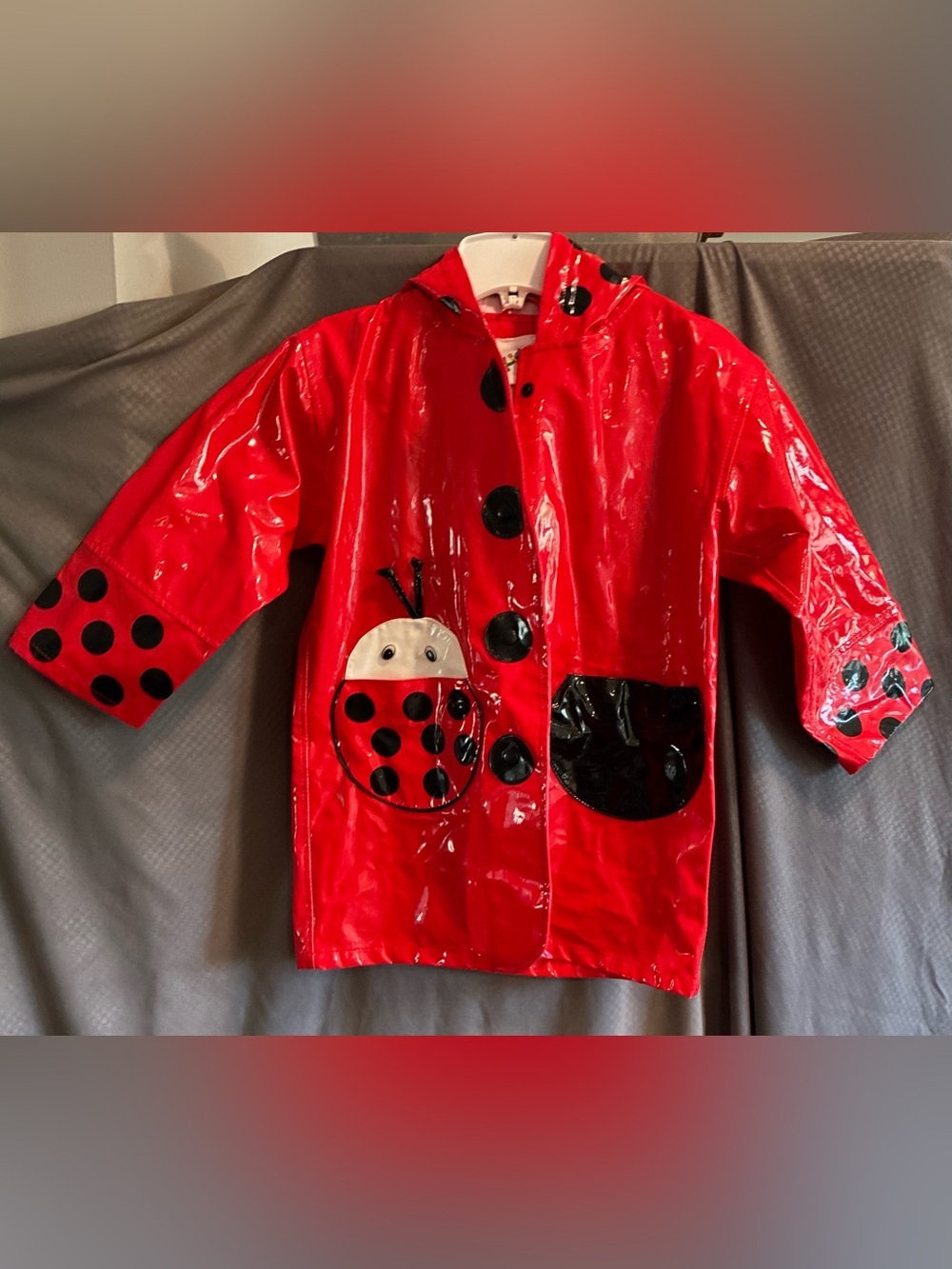 Kidorable Girl’s Ladybug Raincoat Red PVC w/Black Polka Dots & Hood; Size 5/6